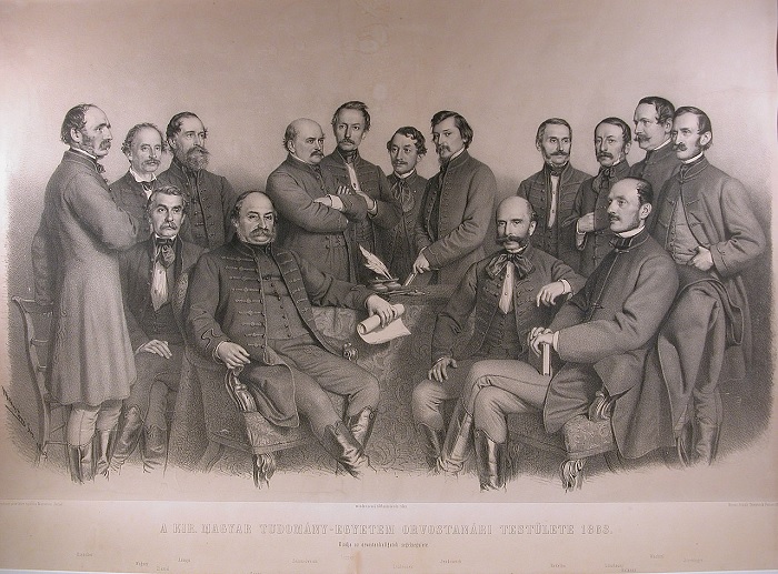 Professores da Faculdade de Medicina de Pest, 1863. Semmelweis está atrás, com os braços cruzados.