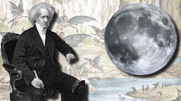 Montagem com imagem de John Herschel, sobre uma das ilustrações que foi publicada na imprensa da época