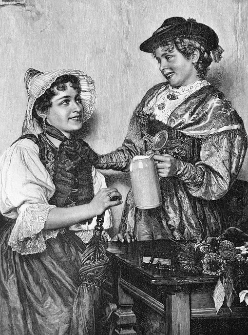 Ilustração antiga de mulheres bebendo cerveja